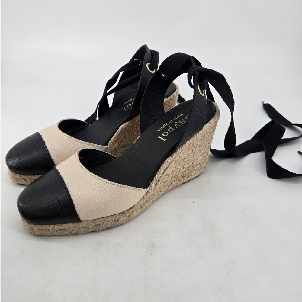 Maypol Espadrille Wedge Sandals Black Cream Leather Cap Toe Spain Sz 38 US 7.5